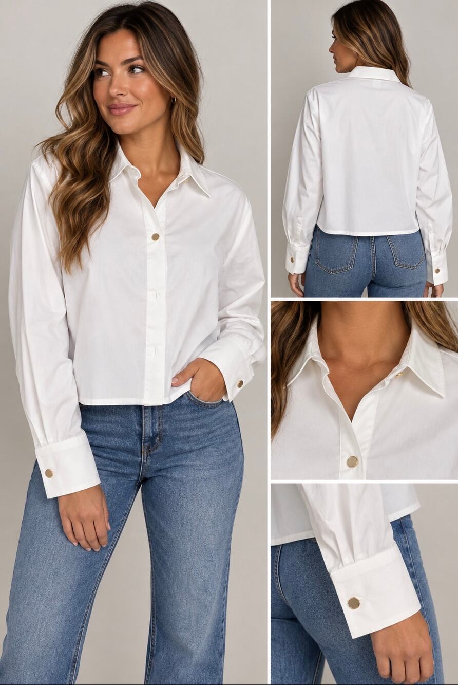 Nine West Women’s XL White Cropped Button Down Shirt Gold Buttons NWT